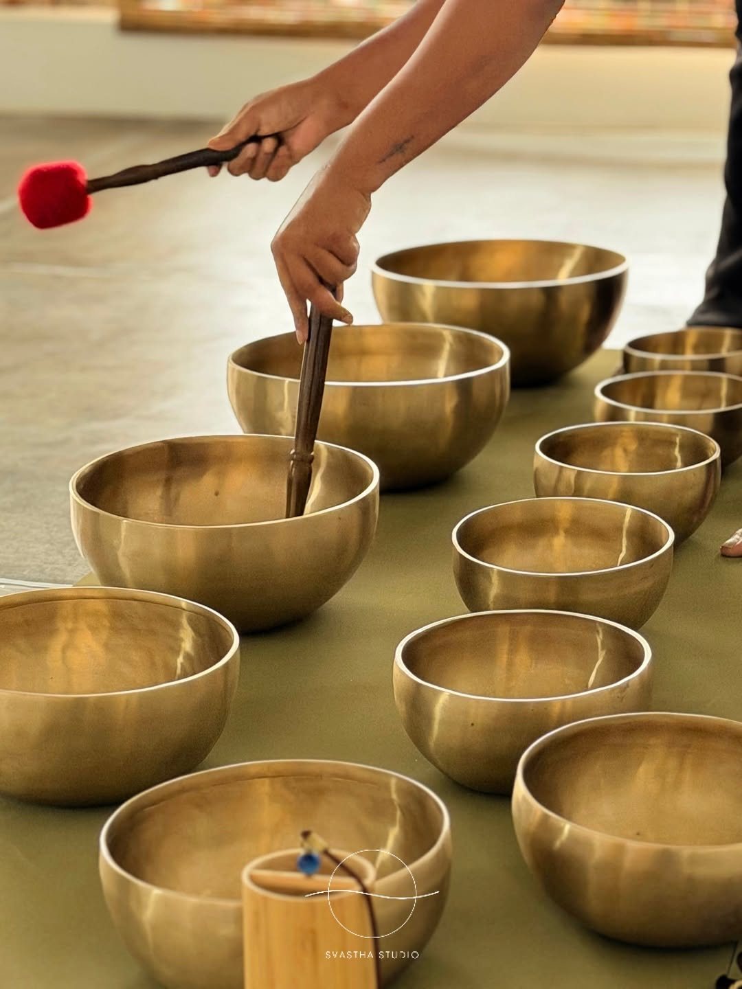 Singing bowls prepared for a sound bath at Svastha Studio in Kotte